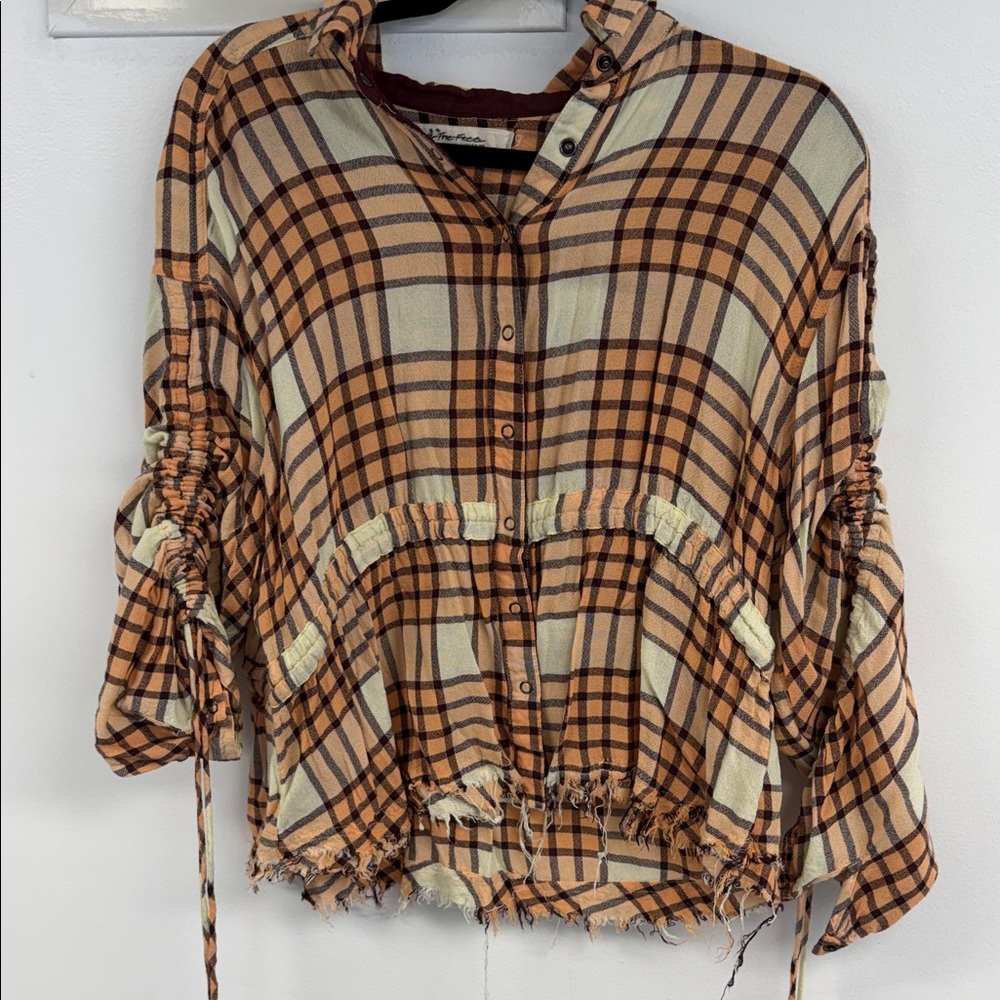 Free People Plaid Button Down Shirt in Orange and Cream